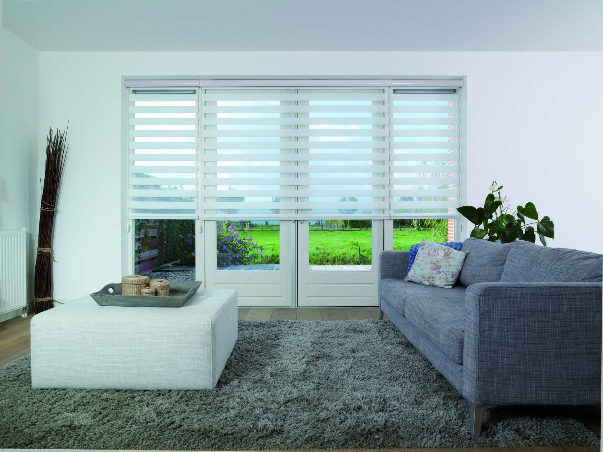 white mechanical window blinds